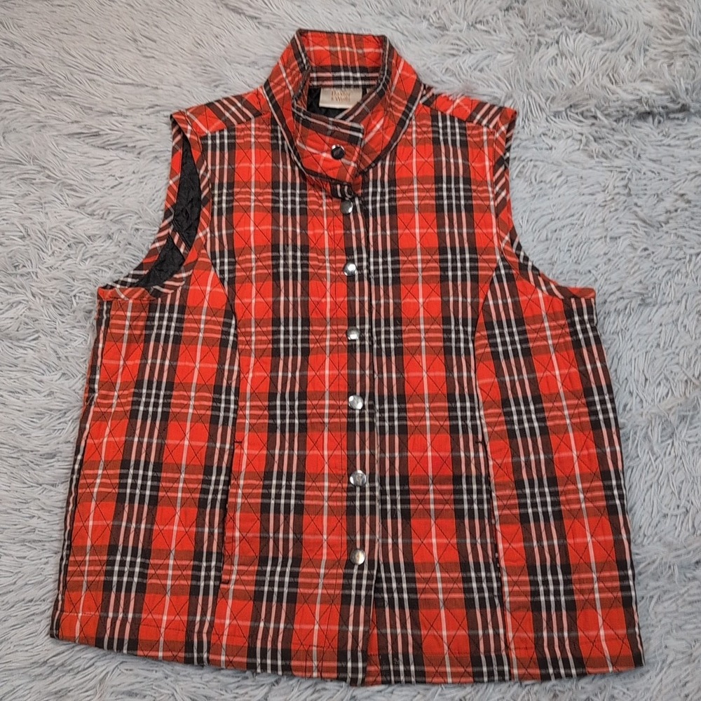 Baxter & Wells Vest Womens S Orange Plaid Gorpcore Pockets Outdoors Snap Up